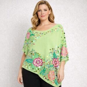 Vintage Berek Sequin Embroidered Poncho Sweater Boho Artsy Floral NWT Women's XL